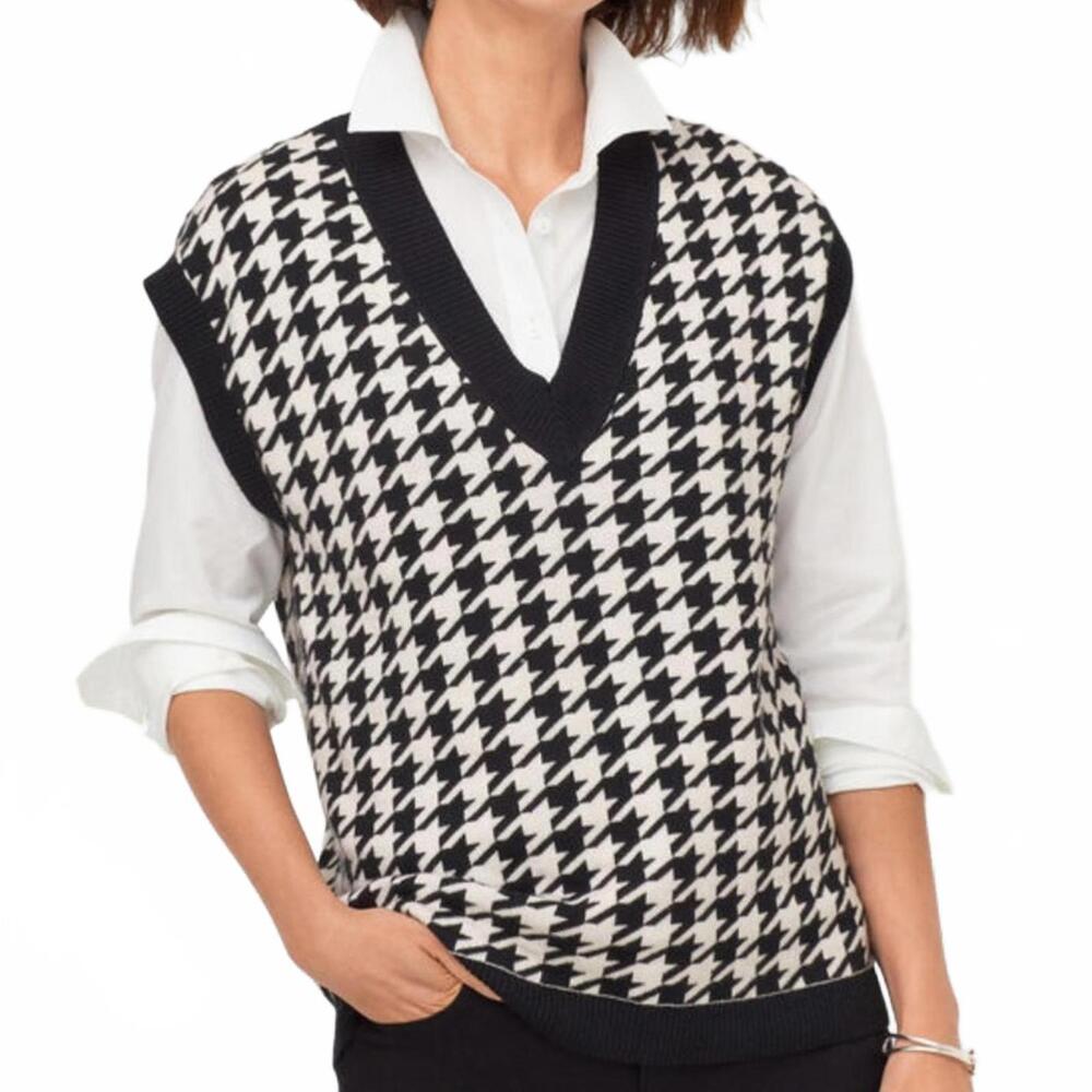 Talbots V-Neck Houndstooth Vest Layering Pullover Hip Length Size Petite Small